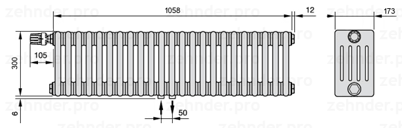 Схема (чертеж) Радиатор Zehnder Charleston 5030/23 №V007 Белый глянцевый RAL 9016